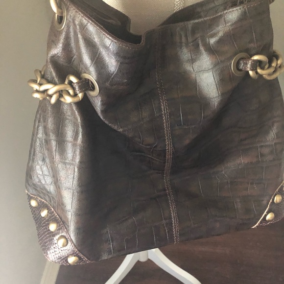 Innue Italian Leather Dark Brown/Calf Hair Front Pocket Gold Hardware Bag - Picture 3 of 9